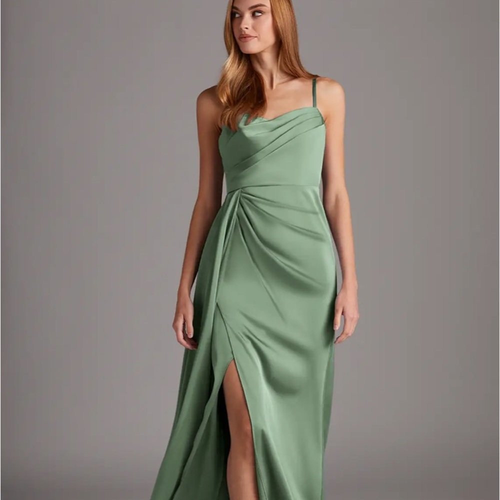 Azazie Bona matcha stretch satin Aline v neck. Worn once. No alterations made.
